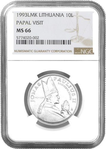 1993 Папа Иоанн Павел II Литва 10 литов серебряная монета MS 66 (1)