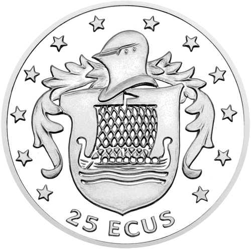 1994 год Викингский драккар Остров Мэн 25 экю серебряная монета (1)