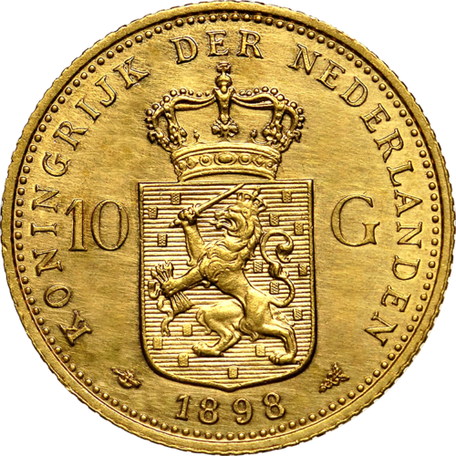 Кралство Нидерландия Златна монета от 10 гулдена Вилхелмина (1898 г.) (2)