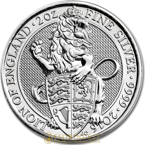 2016 Liūtas Karalienės žvėrys Didžioji Britanija 2 oz sidabrinė moneta (1)