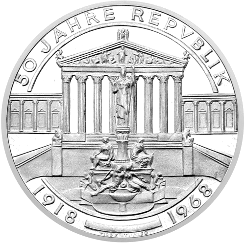 50 шиллингов Юбилей Республики 1968 Австрия серебряная монета (1)