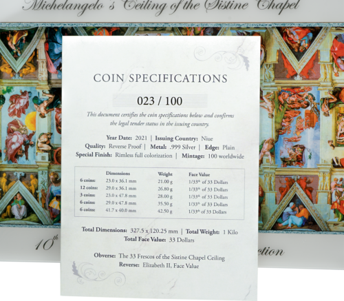 1 kg Michelangelo Sistine Chapel 2021 Niue 33 x 1 USD Proof Silver .999 Coin Set (8)