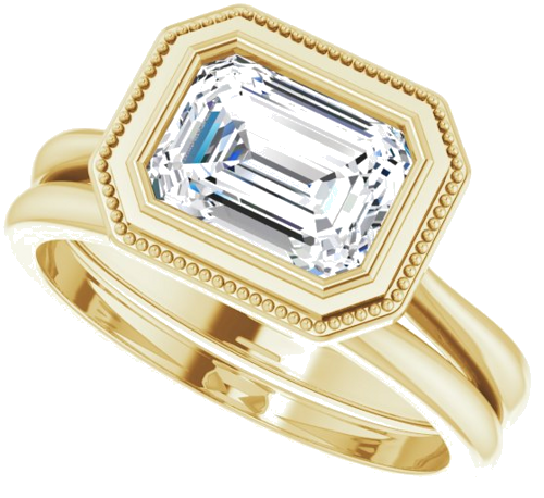 Sužadėtuvių Žiedas „Bezel-Set Solitaire Milgrain“ 14k yellow gold Emerald 8mm x 6mm (10)