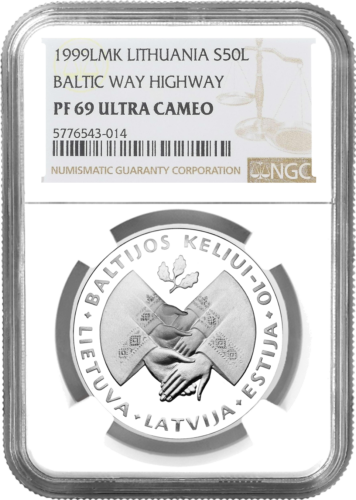 1999 Литва Балтийский путь 10 лет серебряная монета 50 литов PF 69 ULTRA CAMEO (1)