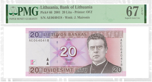 2001 Lietuva 20 litu banknote PMG 67 EPQ (1)