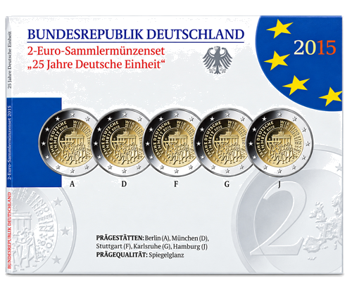 2015 Vokietija Vokietijos suvienijimas 2 eurų monetų rinkinys BU pakuotėje (1)