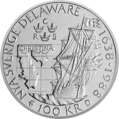 1988 Naujoji Švedijos kolonija 100 Kronų sidabrinė moneta (1)