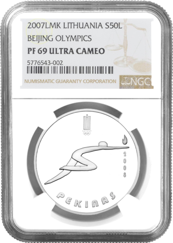 2007 Pekinas Lietuva 50 litų sidabrinė moneta PF 69 ULTRA CAMEO (1)