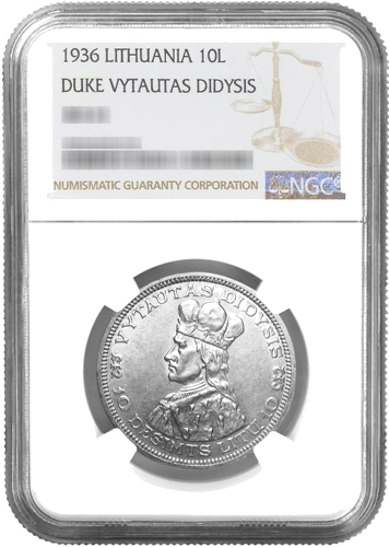1936 Lithuania Vytautas the Great 10 litas silver coin NGC MS 61 (1)