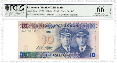 1993 Lietuva 10 litų banknotas PCGS GEM UNC 66 (1)