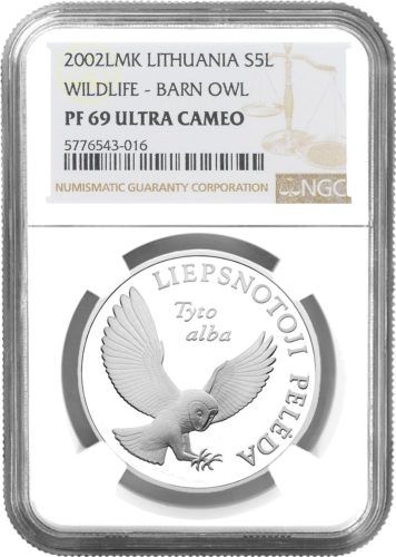 2002 Огнената сова Литва 50 лита сребърна монета PF 69 ULTRA CAMEO (1)