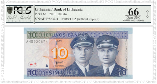 2001 Lietuva 10 litų banknotas PCGS GEM UNC 66 (1)
