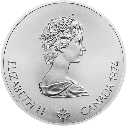 5 dolāri Olimpiādes Gredzeni un vainags Kanāda 1974 sudraba monēta (2)