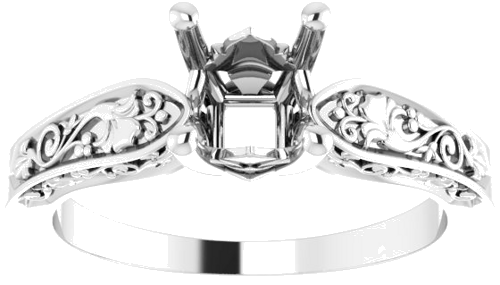 14K White 5.5 mm Asscher Floral Solitaire Engagement Ring Mounting (3)