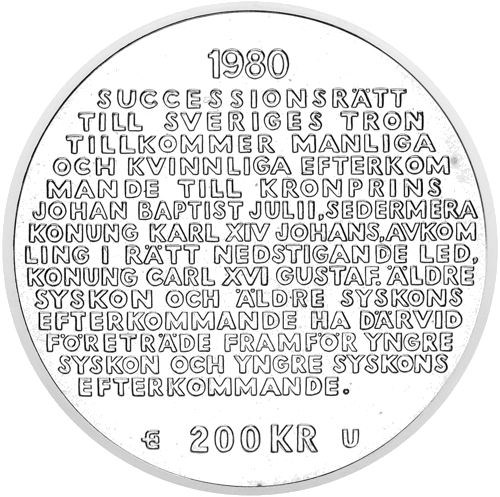 1980 Swedish Royal Succession Act 200 Kronor Silver Coin (1)