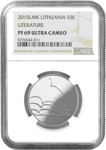 2015 Literatūra Lietuva 5 eurų sidabrinė moneta PF 69 ULTRA CAMEO (1)