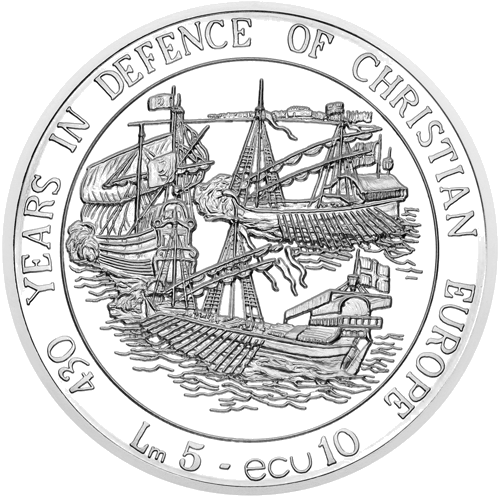 1993 Kristīgās Eiropas aizsardzība Malta 5 liras 10 ekju sudraba monēta (1)