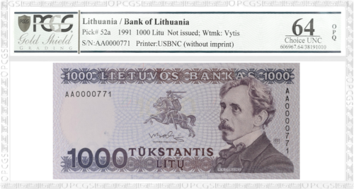1991 Lietuva 1000 litų banknotas PCGS GEM UNC 64 (1)
