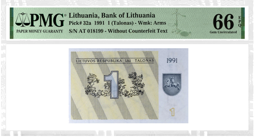 1991 Lietuva 1 talons PMG GEM UNC 66 (bez brīdinājuma teksta) (1)