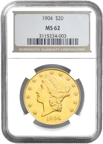 $20 Saint Gaudens/Double Eagle Златна монета на САЩ NGC MS 62 1904 (1)