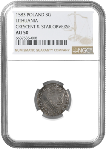 3 skaisti Lietuvas sidabru monēta AU 50 1583 (sertificēta ar NGC) (1)