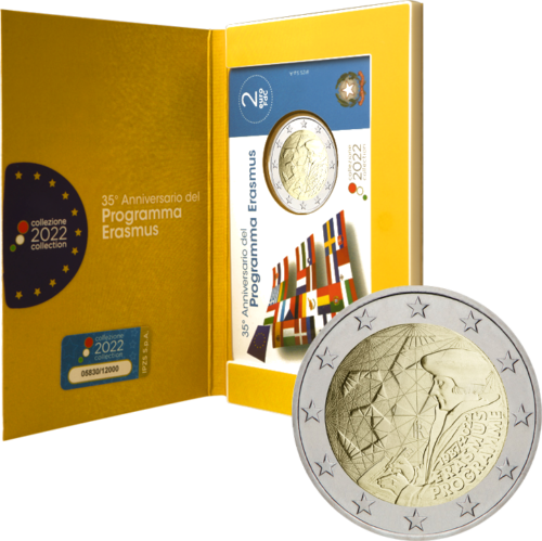 2022 Италия 35-летие программы Erasmus BU монета 2 евро на карте (2)