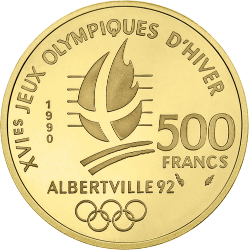 1990 Франция Катание на лыжах 500 франков золотая монета (2)