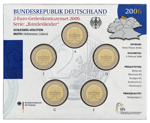 2006 Vācija Šlēsviga-Holšteina 2 eiro monētu komplekts piemiņas BU iepakojumā (1)