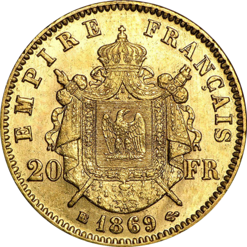 20 franku Francijas impērijas 1861-1970 zelta monēta - Napoleons III (ar vainagu) (2)