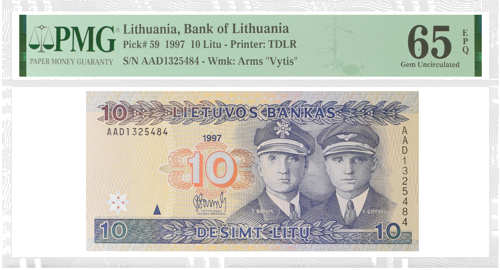 1997 Lietuva 10 litu banknote PMG 65 EPQ (1)