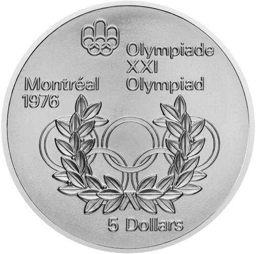 5 dolāri Olimpiādes Gredzeni un vainags Kanāda 1974 sudraba monēta (1)