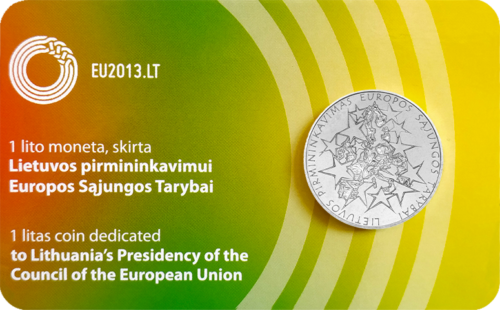 2013 Lietuva Pirmininkavimas ES Tarybai 1 lito BU moneta kortelėje (1)
