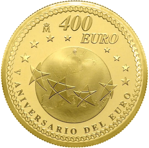 2007 Juan Carlos I Ispanija 5-osios Euro metinės 400 eurų auksinė moneta (1)