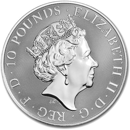 10 oz Vienaragis 2019 Karalienės žvėrys sidabrinė moneta (2)