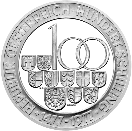 100 šiliņi Hāles monētu kaltuve 1977 Austrija sudraba monēta (2)