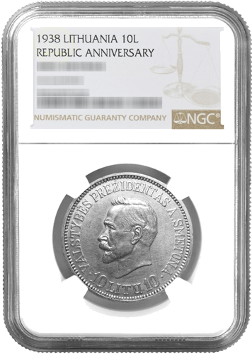 1938 Lietuva Prezidentas Antanas Smetona 10 litų sidabrinė moneta Sertifikuota NGC (1)