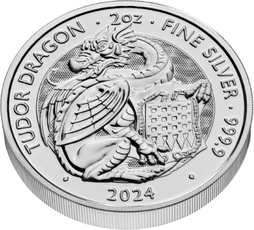 2024 Didžioji Britanija Karališkieji Tiudorų žvėrys: Drakonas 2 oz sidabrinė moneta (4)