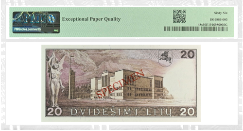 1991 Литва 20 литов банкнота (образец) PMG GEM UNC 66 EPQ (2)