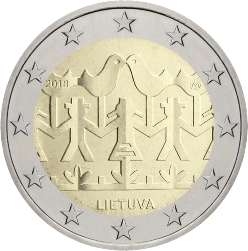 2018 Литва Празник на песента Монета с номинал 2 евро върху карта (2)
