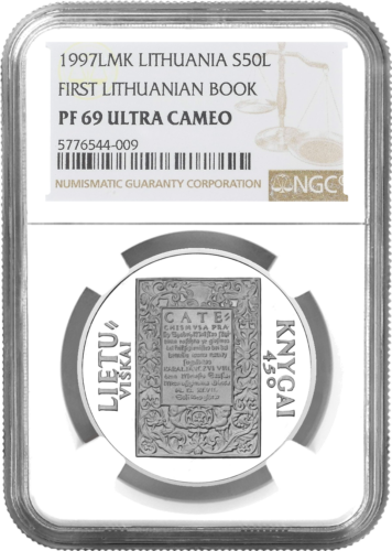 1997 Pirmās lietuviešu grāmatas 450. gadadiena 50 litu sudraba monēta PF 69 ULTRA CAMEO (1)