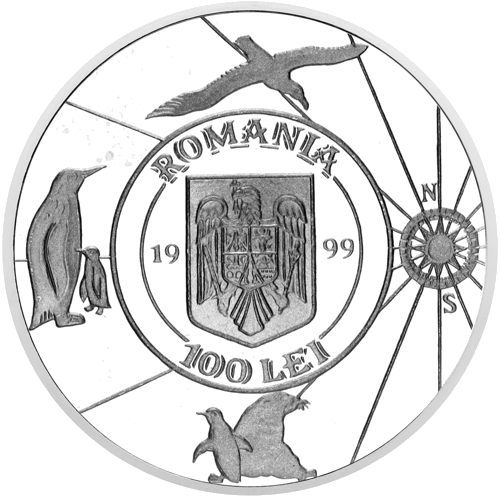 100 Леи Антарктическа експедиция 1999 Румъния сребърна монета (2)