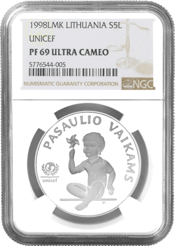 1998 Unicef Pasaulio Vaikai 5 litai sidabrinė moneta PF 69 ULTRA CAMEO (1)