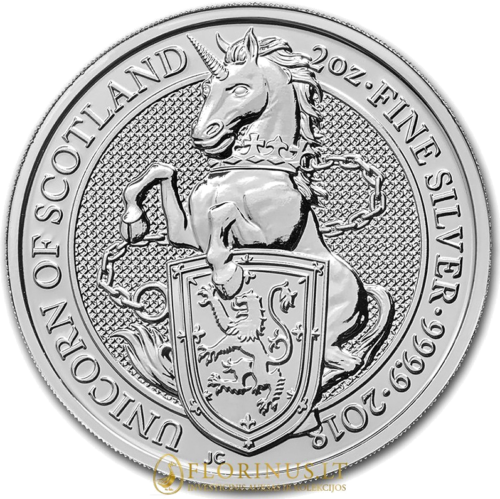 2018 Didžioji Britanija, Karalienės žvėrys Vienaragis 2 oz sidabrinė moneta (1)