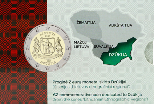 2021 Литва Dzūkija Монета с номинал 2 евро върху карта (2)