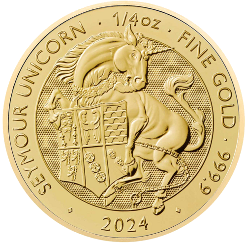 1/4 oz Tjudoru (Tudor) Seimūra vienradzis 2024 Lielbritānijas zelta monēta (1)