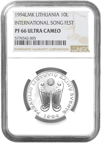 1994 Праздник песни Литва 10 лит серебряная монета PF 66 ULTRA CAMEO (1)