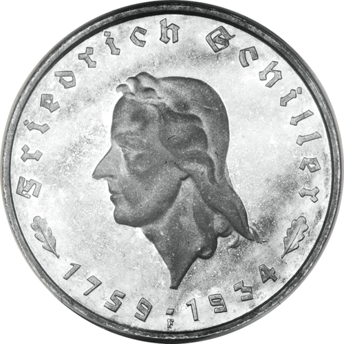 5 Reichsmarkės 1934 Frydrichas Šileris Vokietija sidabrinė moneta (1)