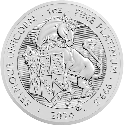 1 oz Tjūdoru (Tudor) Seimūru vienradzis 2024 Lielbritānija platīna monēta (1)