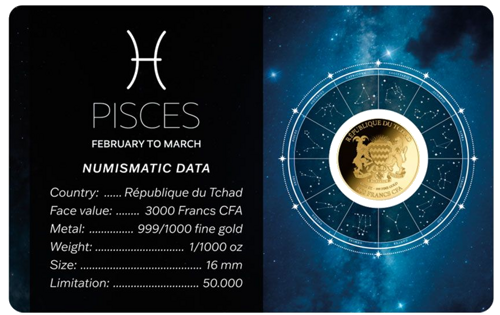 1/1000 oz Риби (Zodiac Series) 3000 франка Чад златна монета (2)