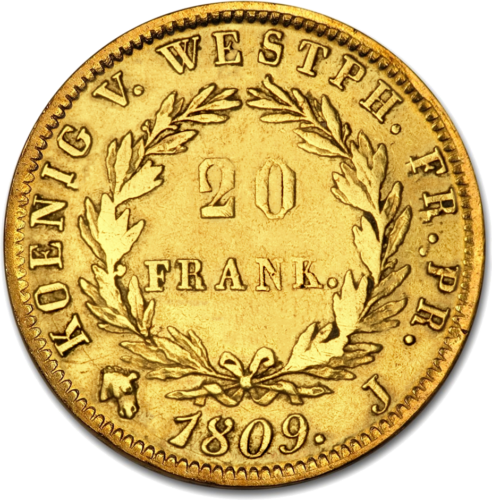 20 Frankų Jerome Bonaparte (1808-1809) Vestfalijos karalystės auksinė moneta (2)